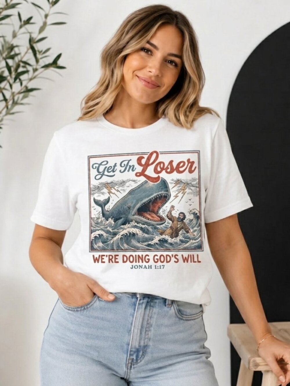 Get In Loser We're Doing God's Will Jonah 1:17 Bible Humor Tee Vintage Religious